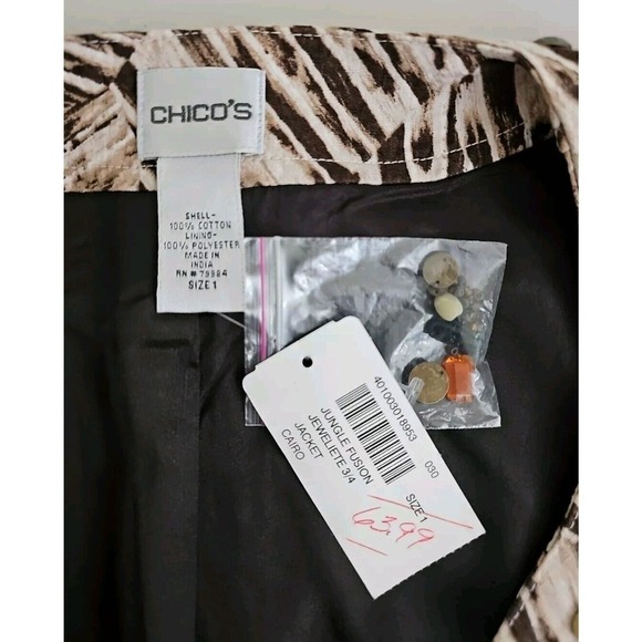Chico’s ~Woman Size 1(M)~ Beige/Brown Blazer Fully Lined Jacket Beaded NWT. - Picture 4 of 9